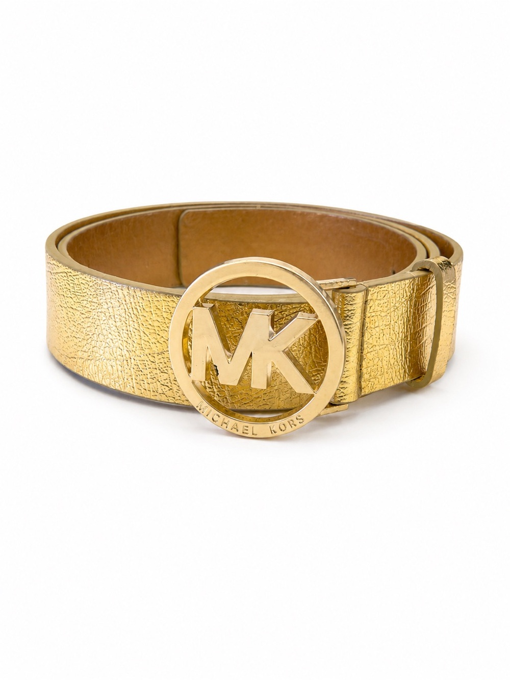 Michael Kors Metallic Gold MK Circle Buckle Leather Belt